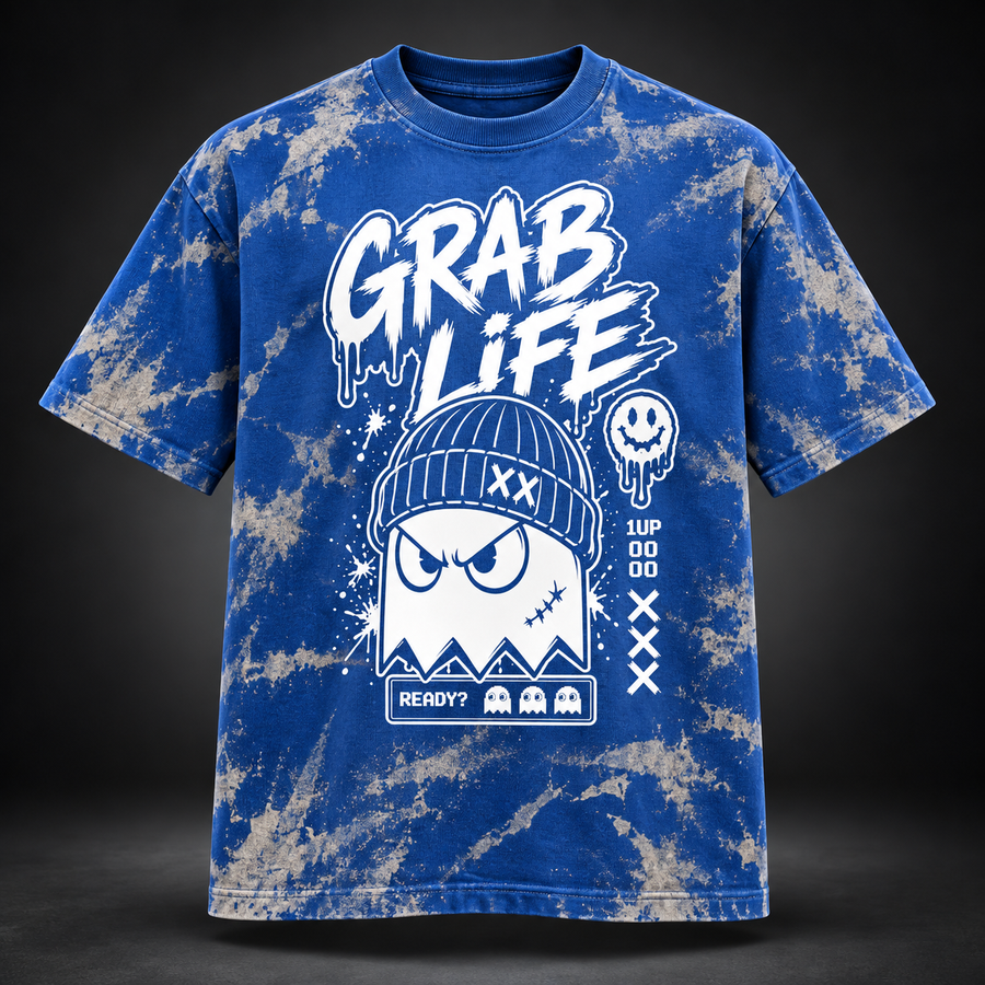 GRAB LIFE — NO EXTRA LIVES BLUE BLEACHED GRAPHIC TEE (Blue Twist)