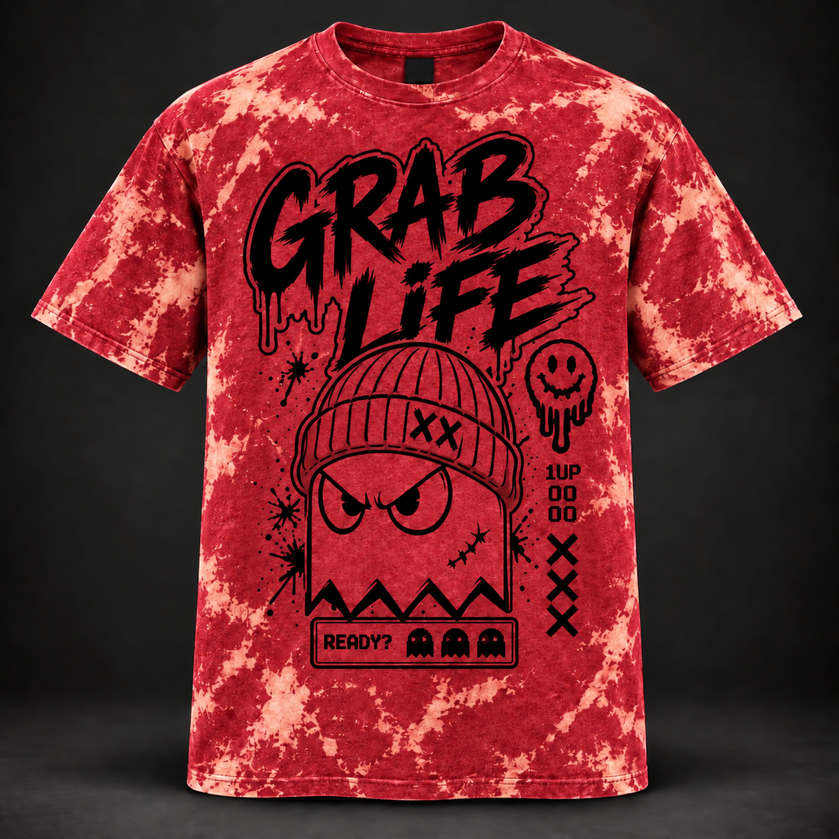 GRAB LIFE — NO EXTRA LIVES BLUE BLEACHED GRAPHIC TEE