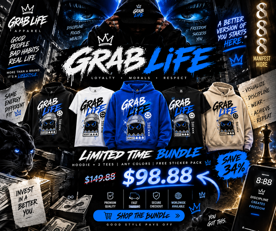 Grab Life Streetwear Bundle — 1 Hoodie + 2 Mystery Tees
