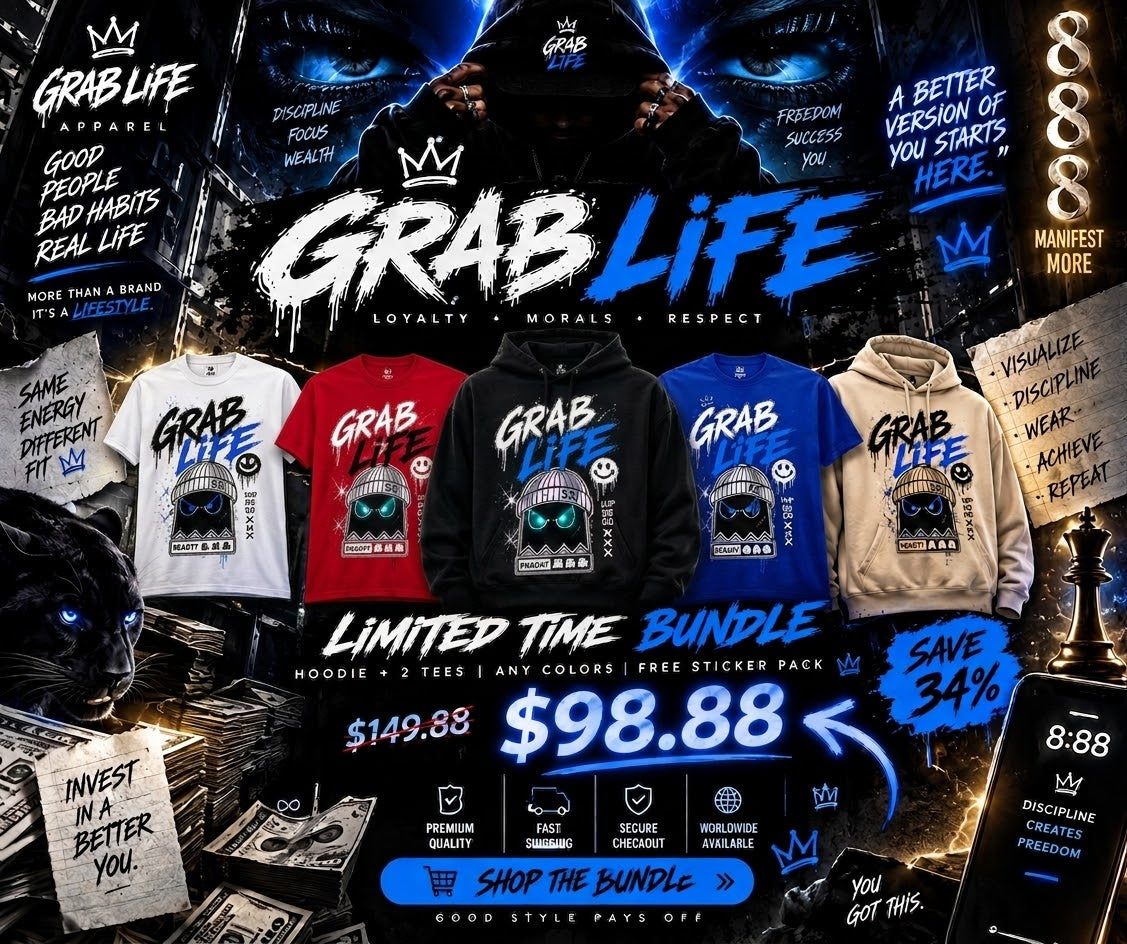 Grab Life Streetwear Bundle — 1 Hoodie + 2 Mystery Tees