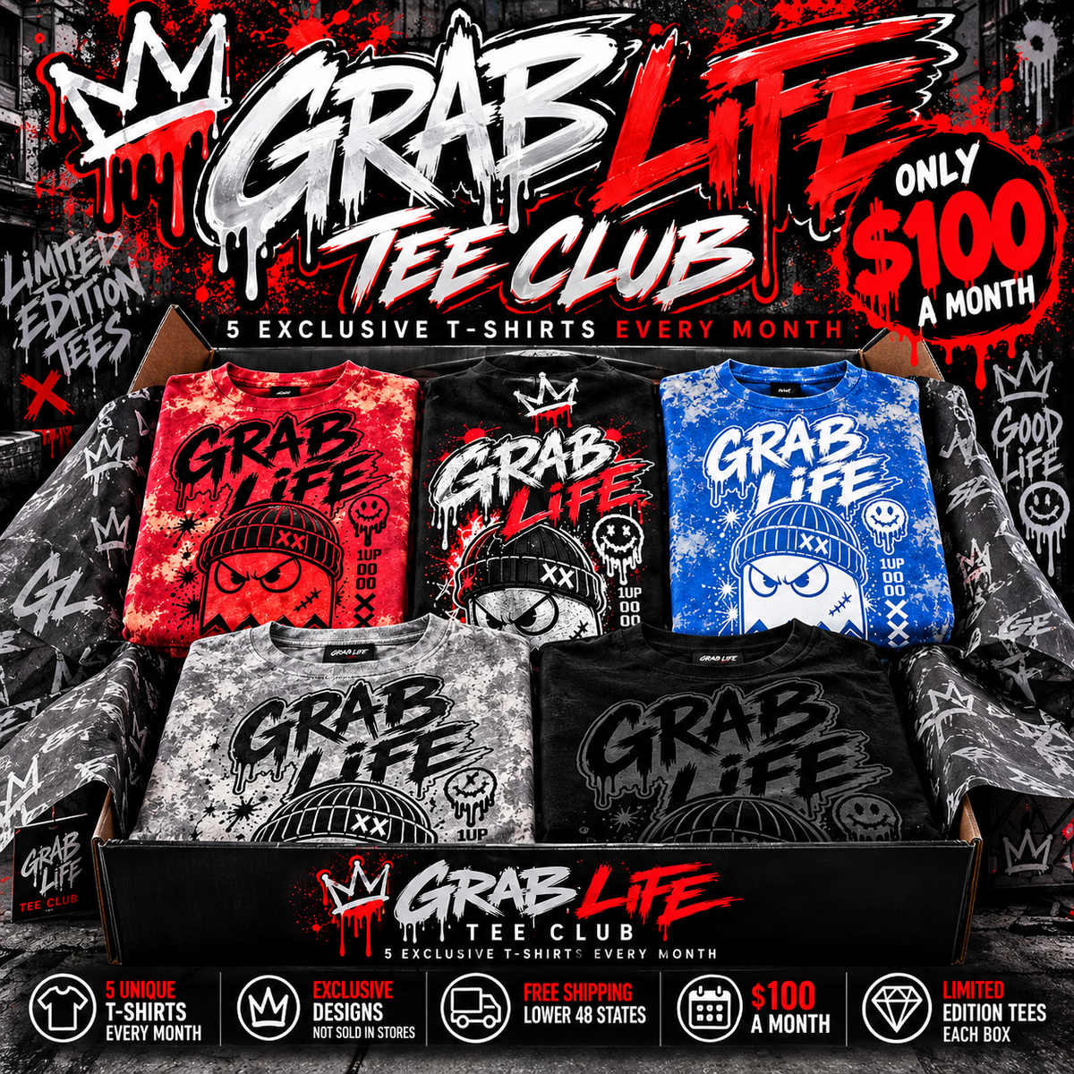 Grab Life Exclusive Tee Club — 5 Shirts Monthly