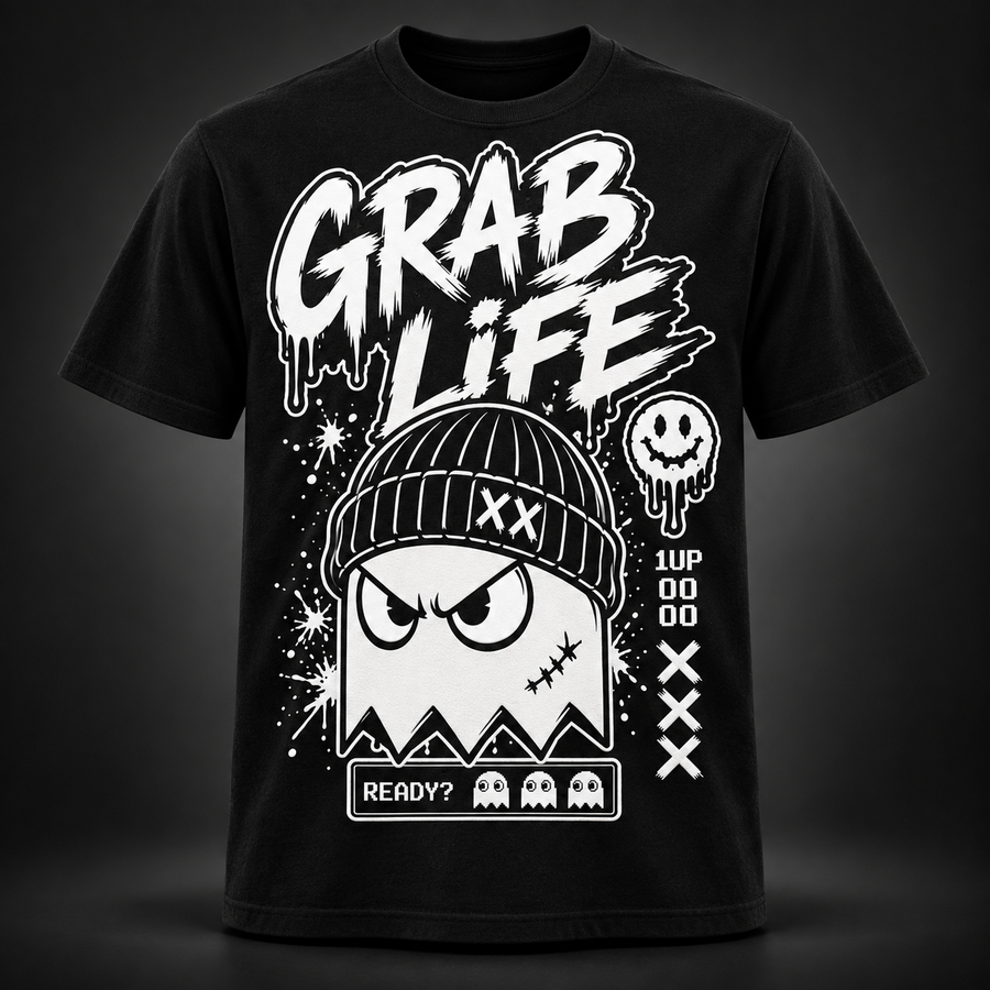 Grab Life No Extra Lives Tee — Black & White Graphic