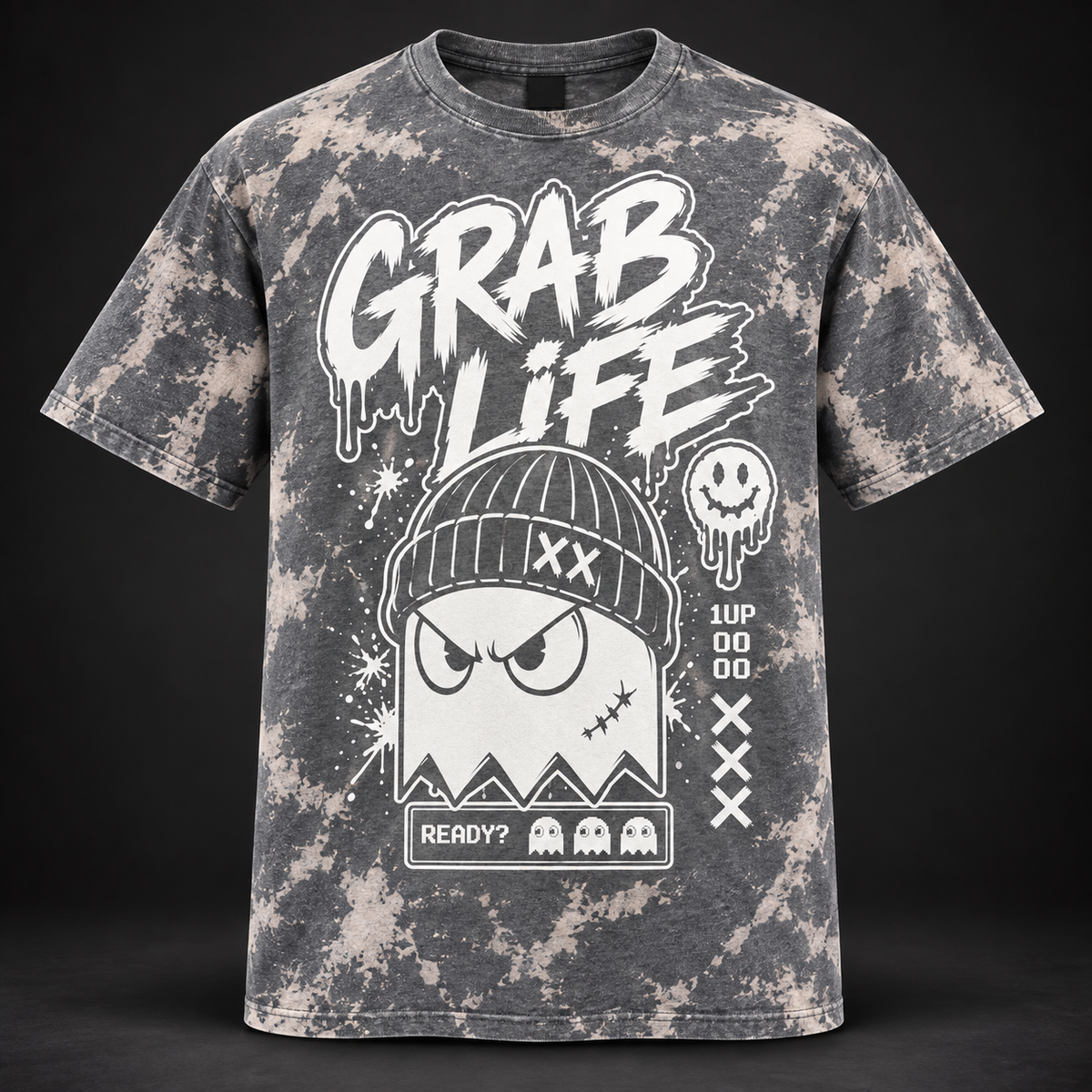 GRAB LIFE — NO EXTRA LIVES GRAY BLEACHED GRAPHIC TEE