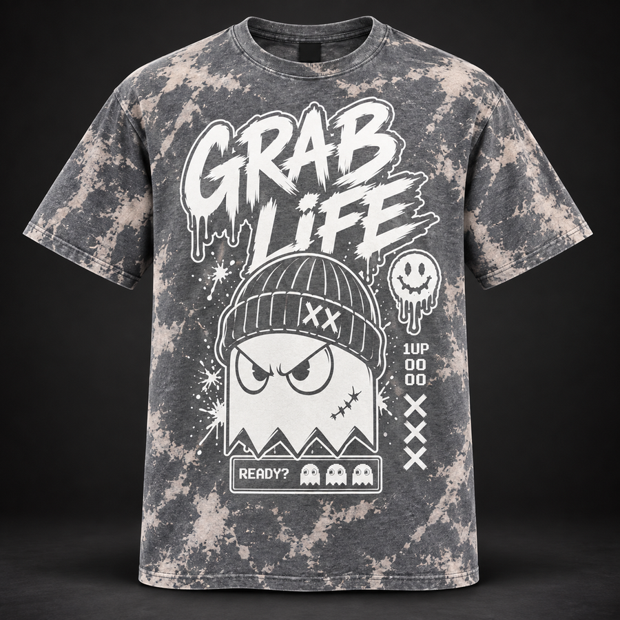 GRAB LIFE — NO EXTRA LIVES GRAY BLEACHED GRAPHIC TEE
