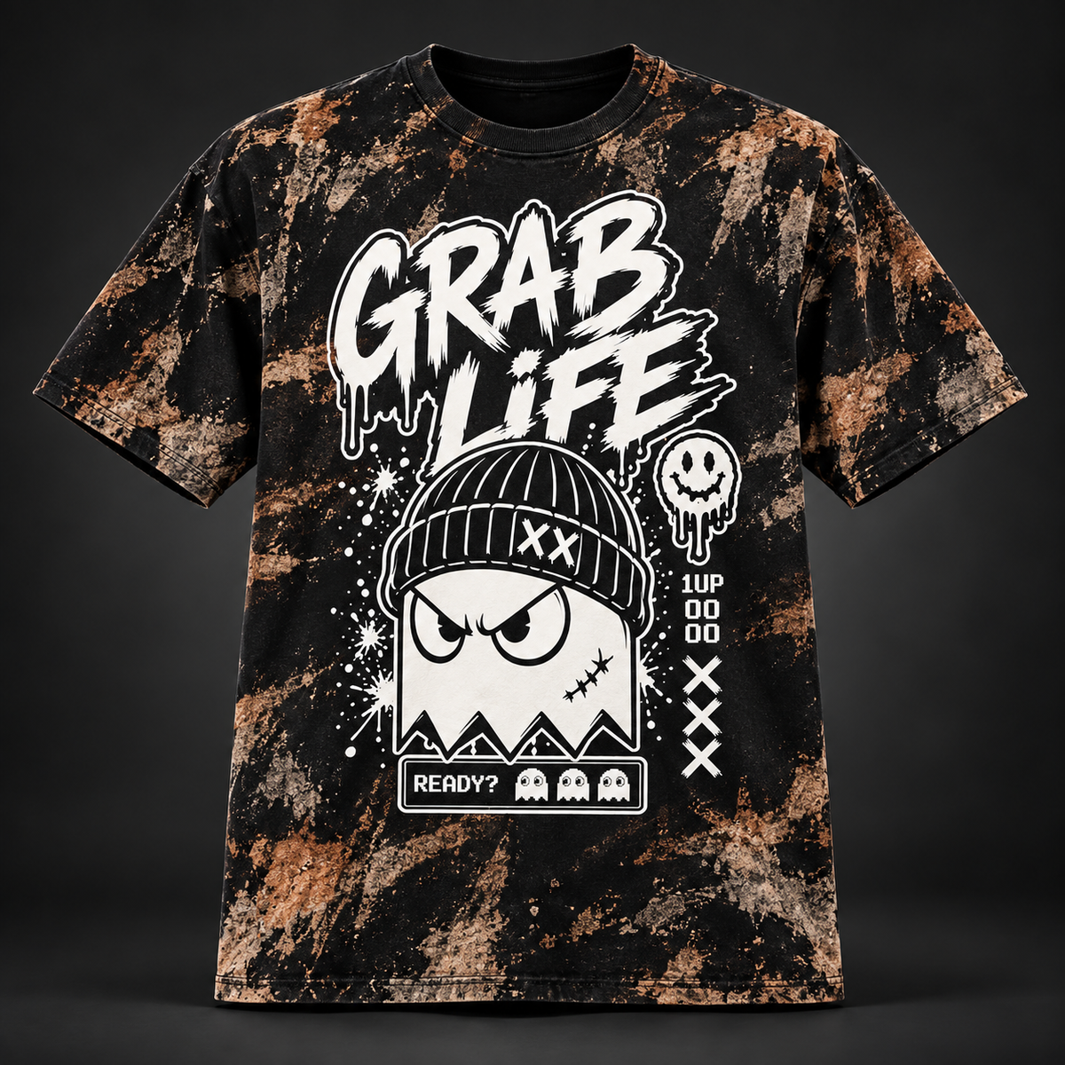 GRAB LIFE — NO EXTRA LIVES BLACK BLEACHED GRAPHIC TEE